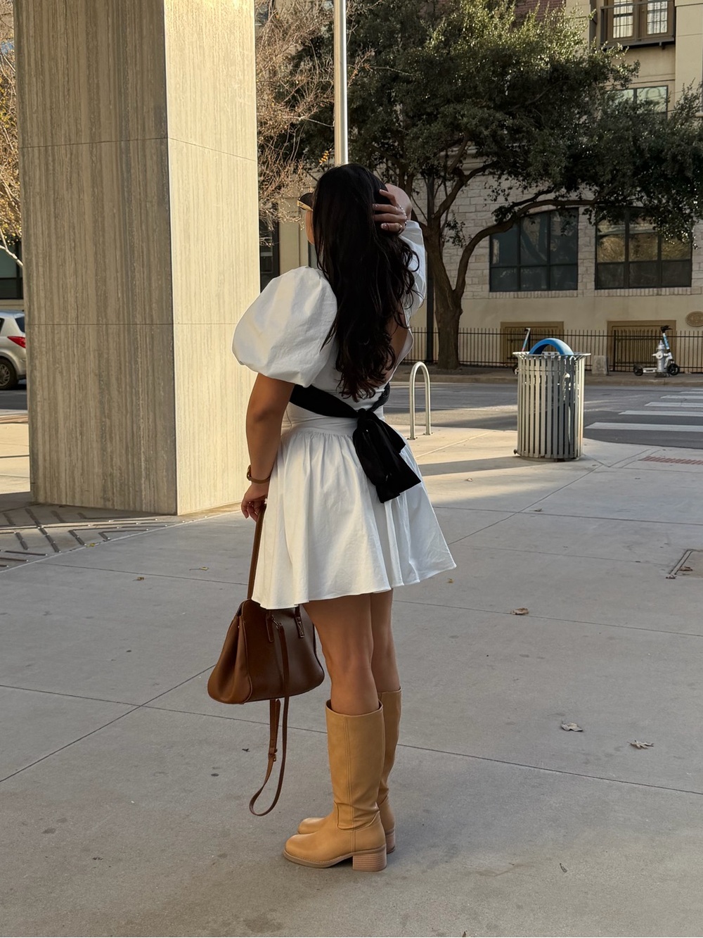 White Puff-Sleeve Mini Dress with Black Waist Tie